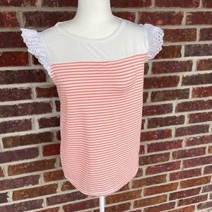 Ladies Peach Stripe Eyelet Flutter Sleeve Top Size Small